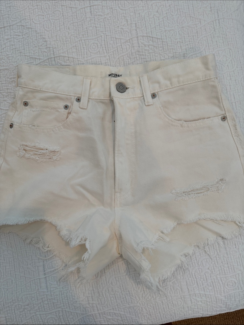 Moussy Off-White Distressed Denim Shorts
